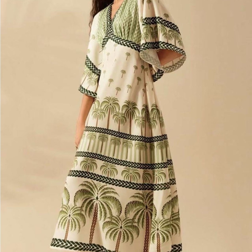 Zimmermann Green Palm-Print V-Neck Maxi Dress